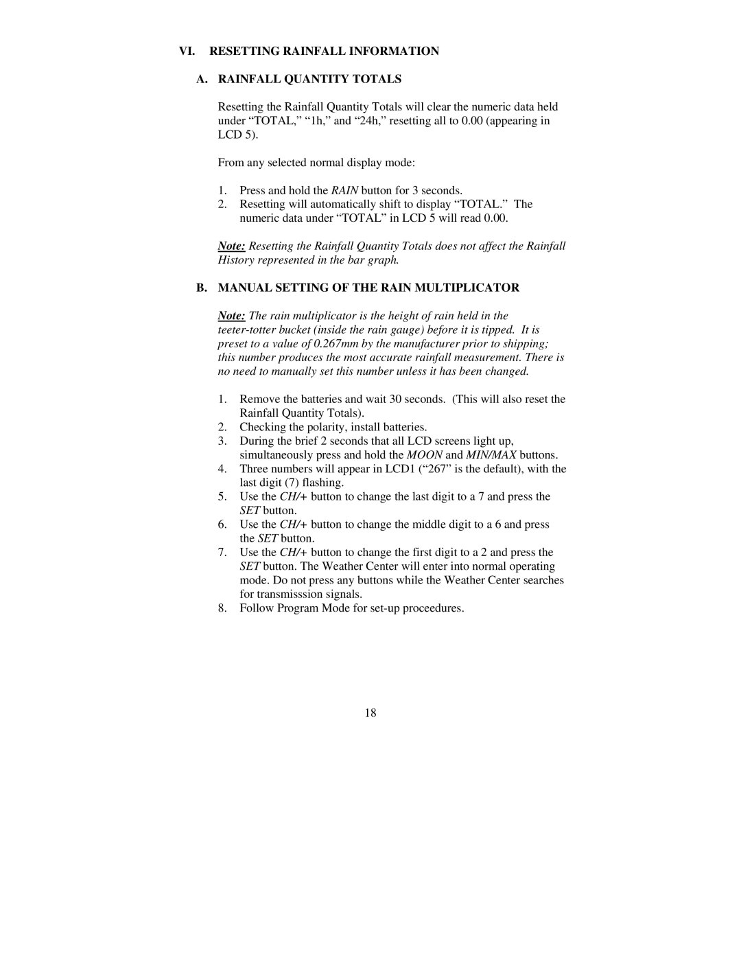 La Crosse Technology WS-7095U, TX4U, TX5U instruction manual VI. Resetting Rainfall Information Rainfall Quantity Totals 