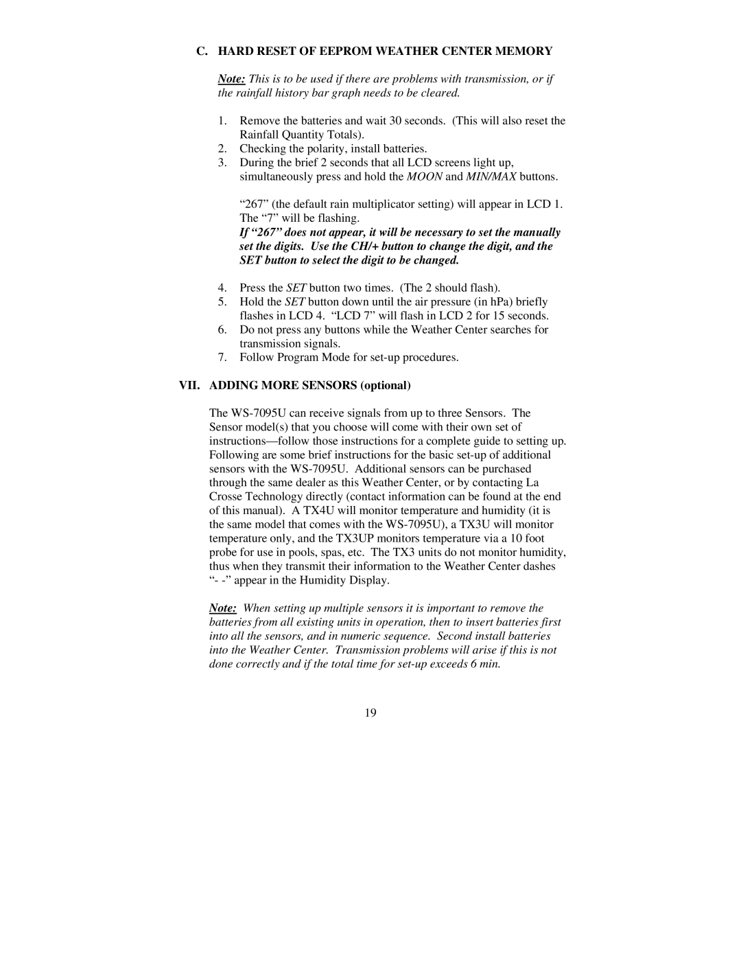 La Crosse Technology TX4U, WS-7095U, TX5U Hard Reset of Eeprom Weather Center Memory, VII. Adding More Sensors optional 