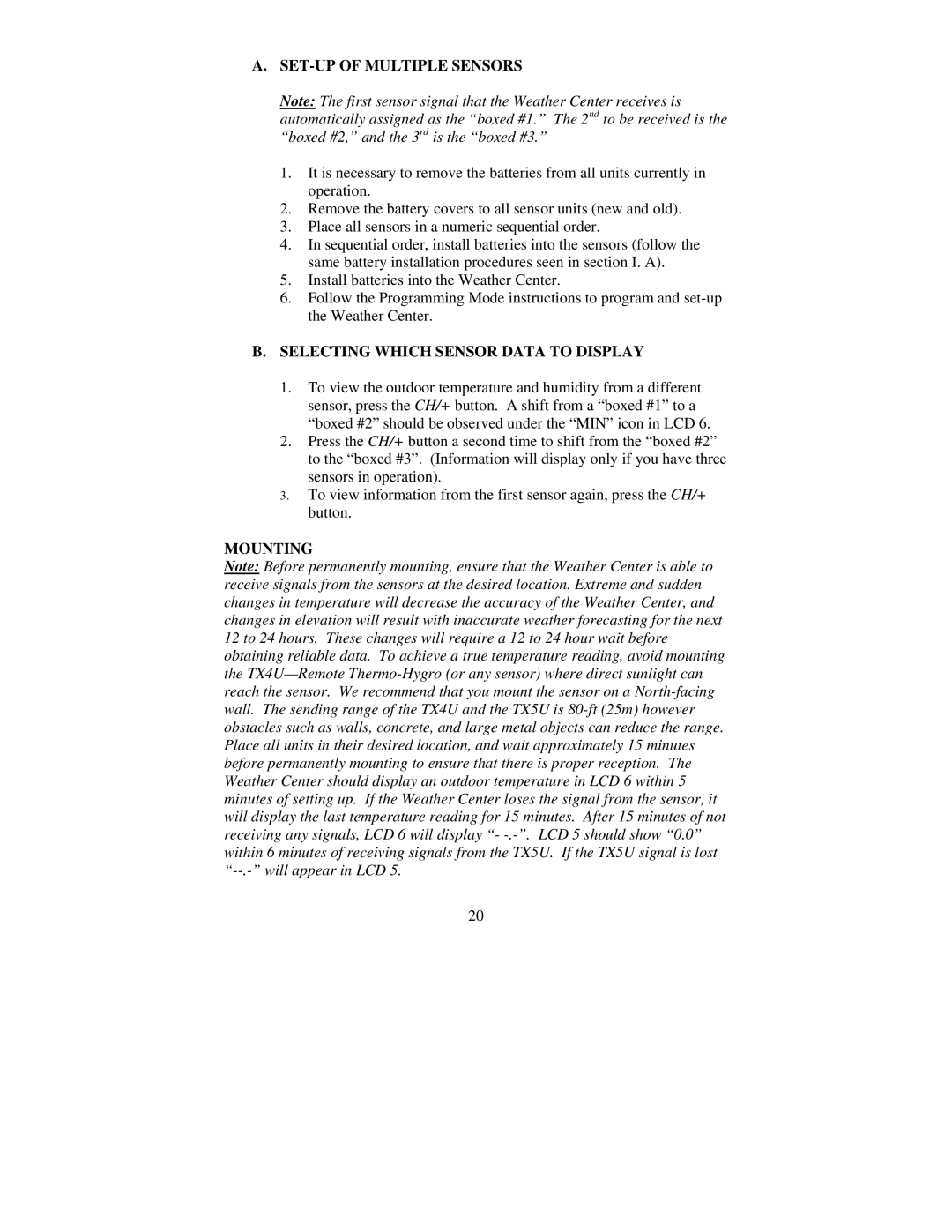 La Crosse Technology TX5U, WS-7095U, TX4U SET-UP of Multiple Sensors, Selecting Which Sensor Data to Display, Mounting 