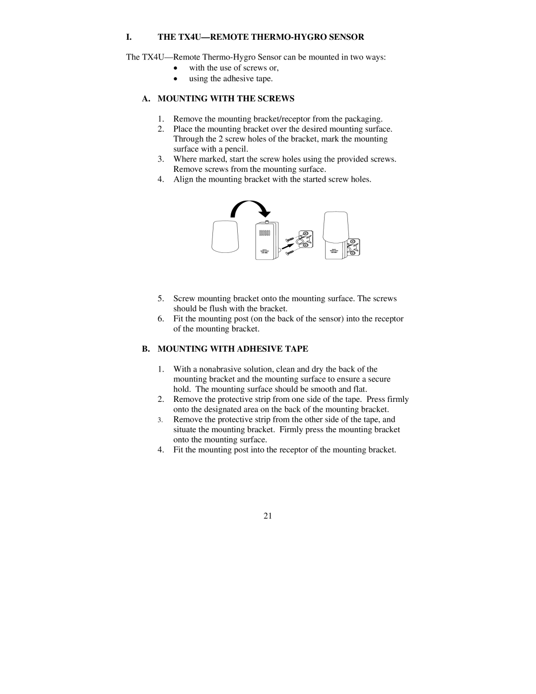 La Crosse Technology WS-7095U, TX5U TX4U-REMOTE THERMO-HYGRO Sensor, Mounting with the Screws, Mounting with Adhesive Tape 