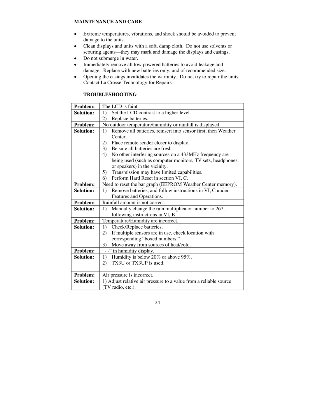 La Crosse Technology WS-7095U, TX4U, TX5U instruction manual Maintenance and Care, Troubleshooting, Problem, Solution 