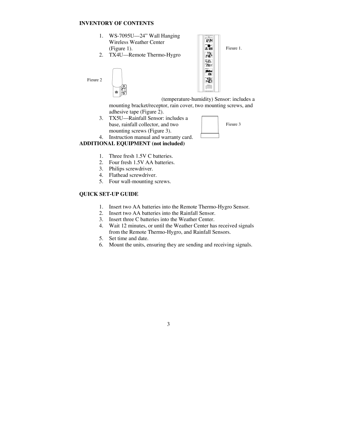 La Crosse Technology WS-7095U, TX4U, TX5U instruction manual Inventory of Contents, Quick SET-UP Guide 