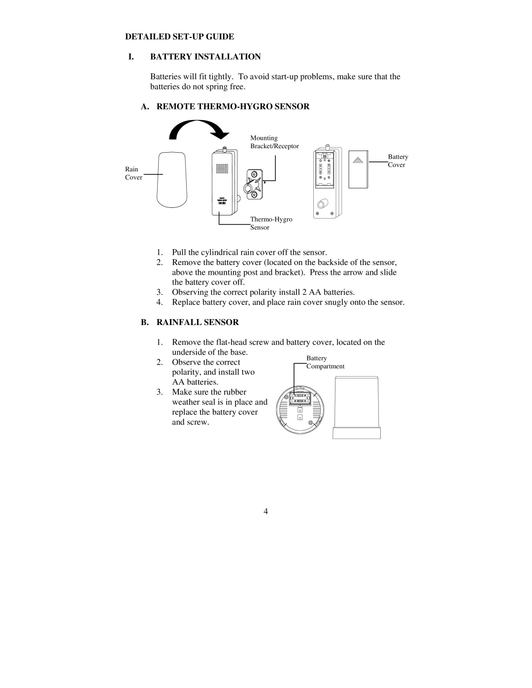 La Crosse Technology TX4U, TX5U Detailed SET-UP Guide Battery Installation, Remote THERMO-HYGRO Sensor, Rainfall Sensor 