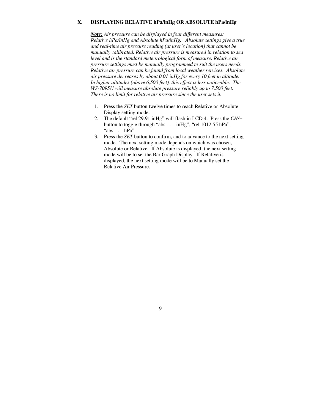 La Crosse Technology WS-7095U, TX4U, TX5U instruction manual Displaying Relative hPa/inHg or Absolute hPa/inHg 