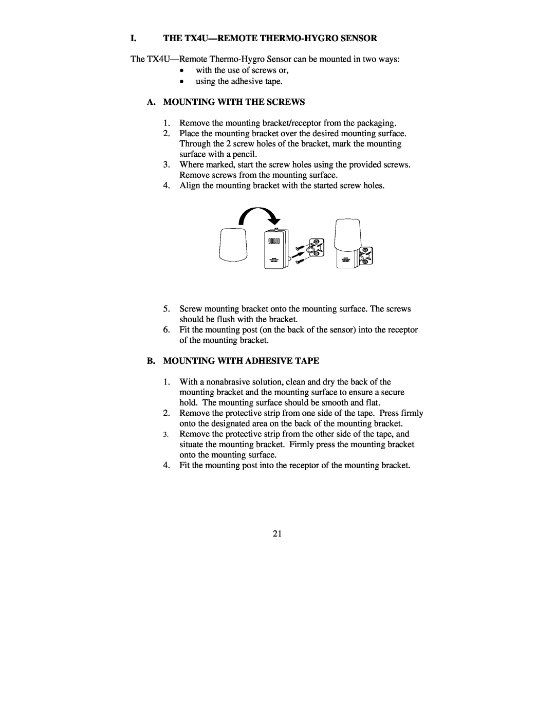 La Crosse Technology WS-7095U, TX5U instruction manual I. THE TX4U-REMOTE THERMO-HYGRO SENSOR, A. Mounting With The Screws 