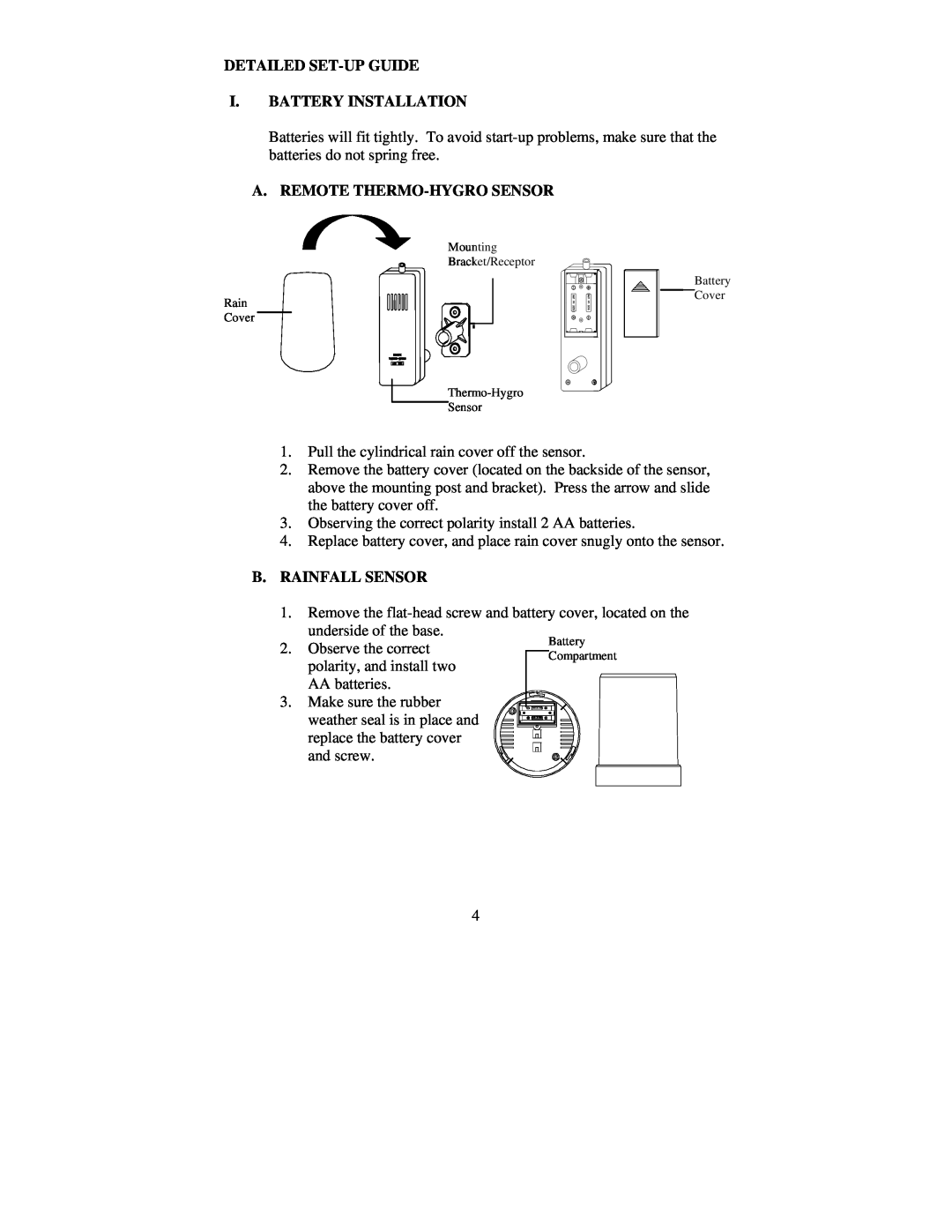 La Crosse Technology TX4U Detailed Set-Up Guide I. Battery Installation, A. Remote Thermo-Hygro Sensor, B. Rainfall Sensor 