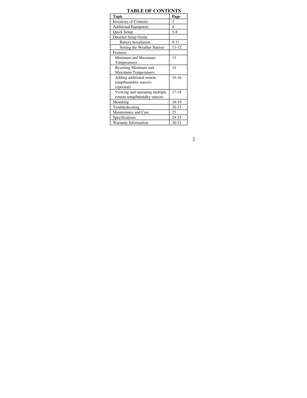 La Crosse Technology WS-7107U instruction manual Table of Contents 