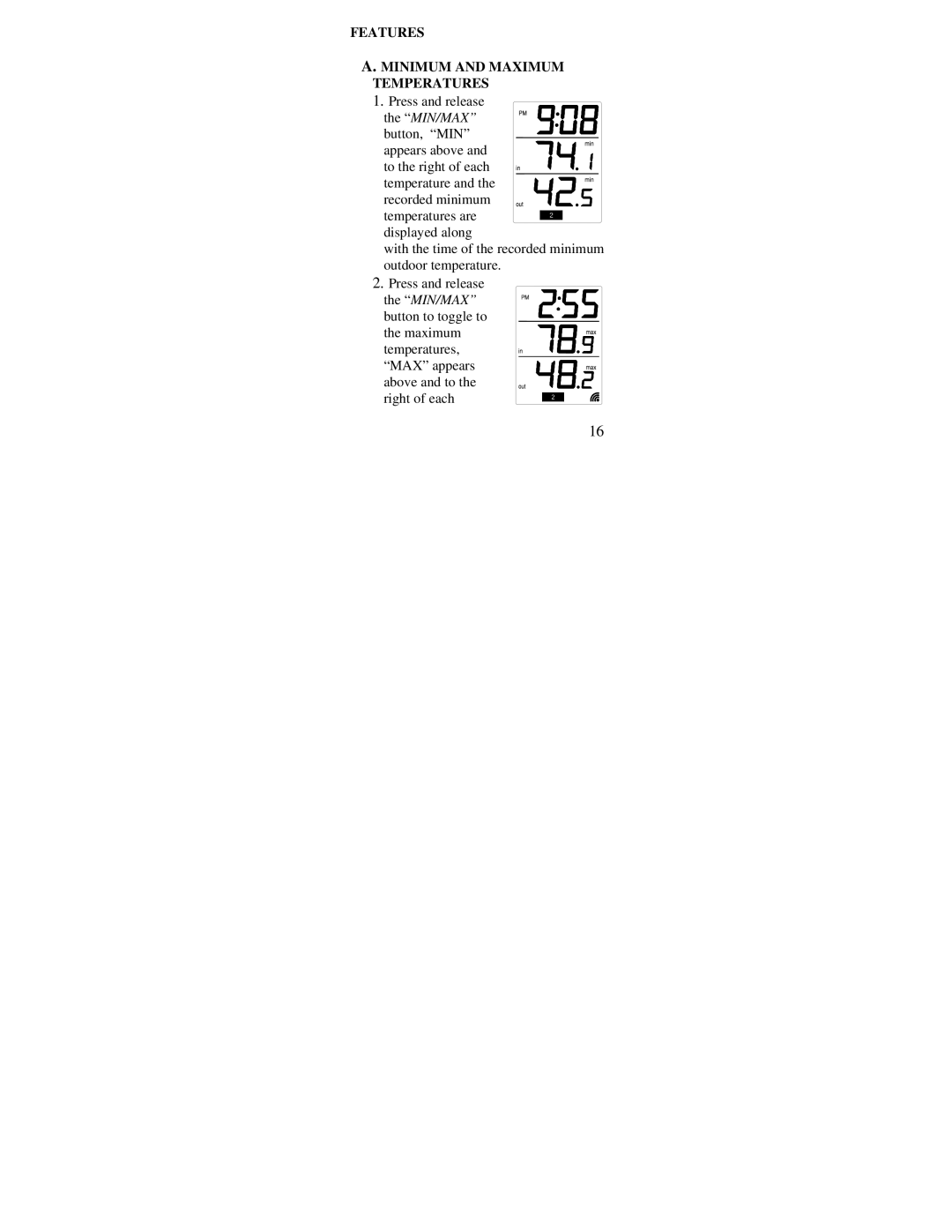 La Crosse Technology WS-7136U instruction manual Features Minimum and Maximum Temperatures 