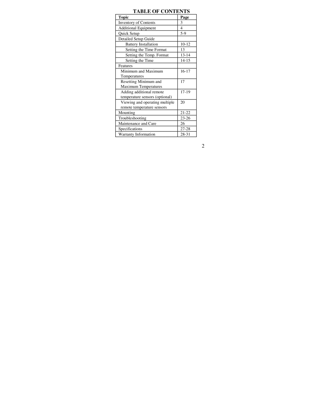 La Crosse Technology WS-7136U instruction manual Table of Contents 