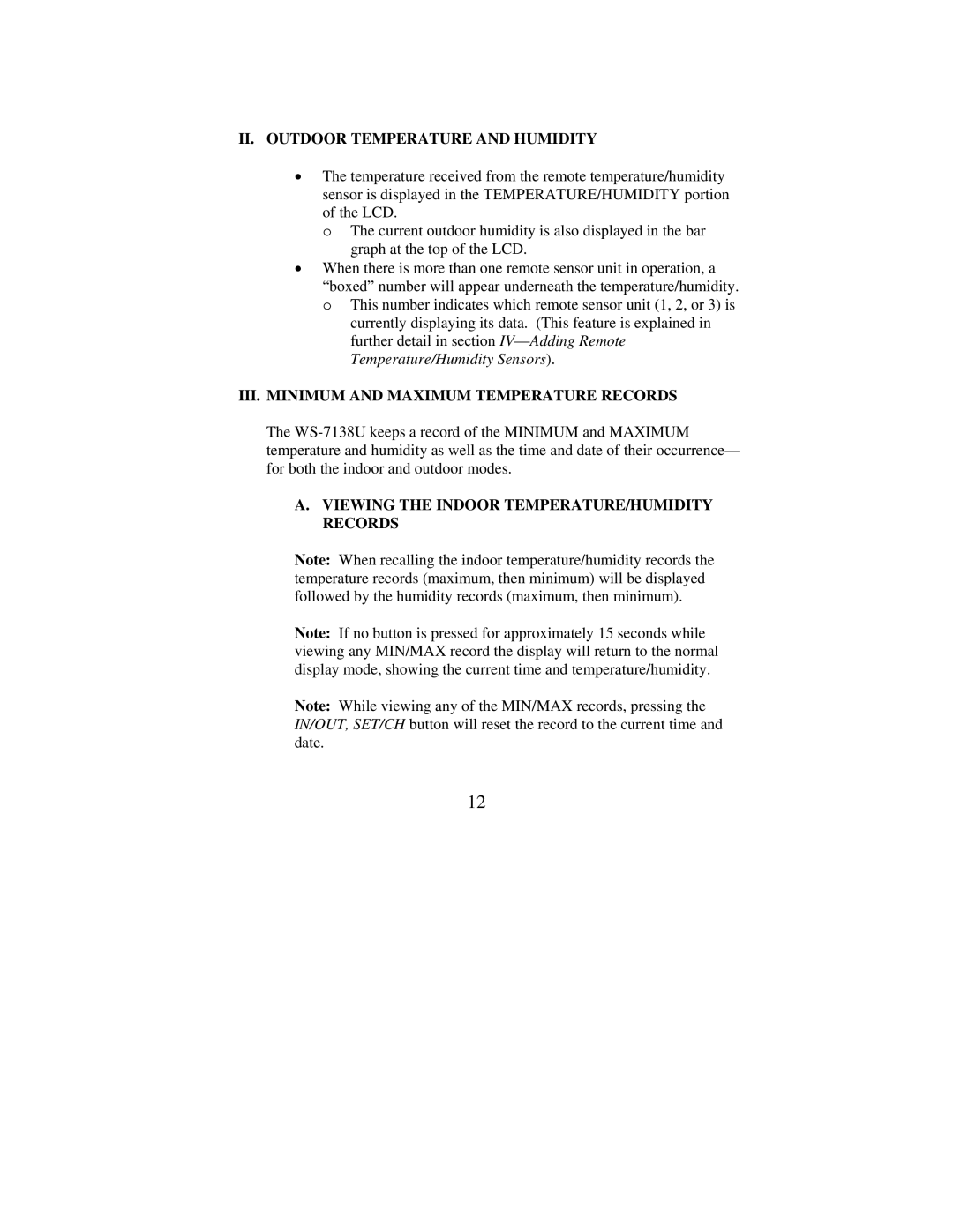 La Crosse Technology WS-7138U II. Outdoor Temperature and Humidity, III. Minimum and Maximum Temperature Records 