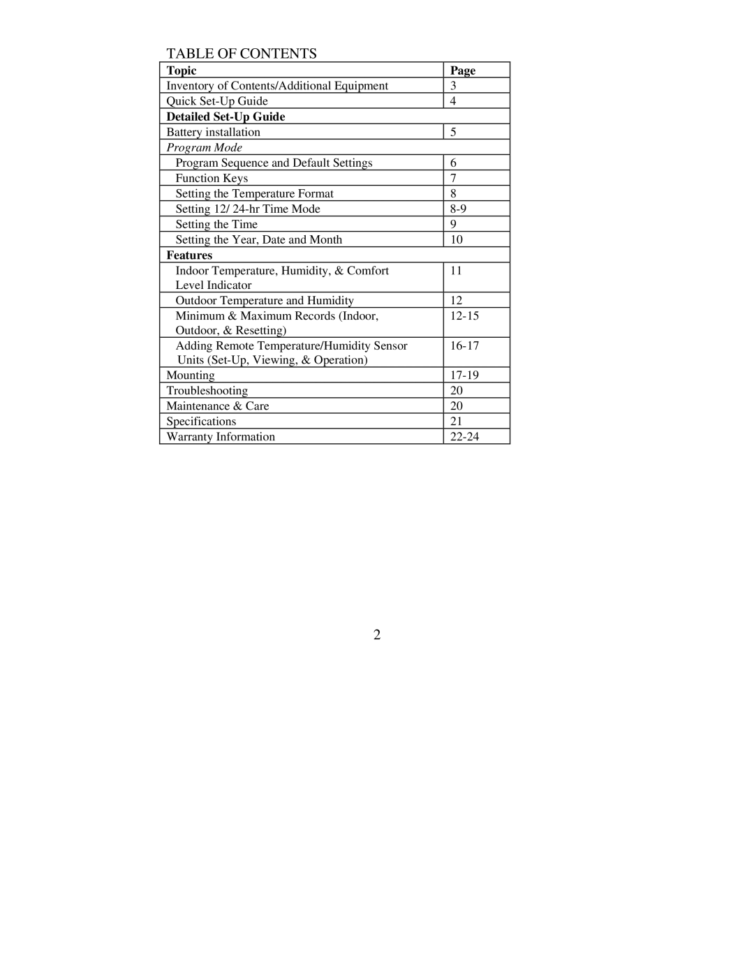 La Crosse Technology WS-7138U instruction manual Table of Contents 