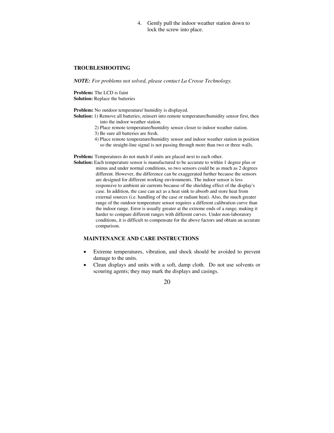 La Crosse Technology WS-7138U instruction manual Troubleshooting, Maintenance and Care Instructions 