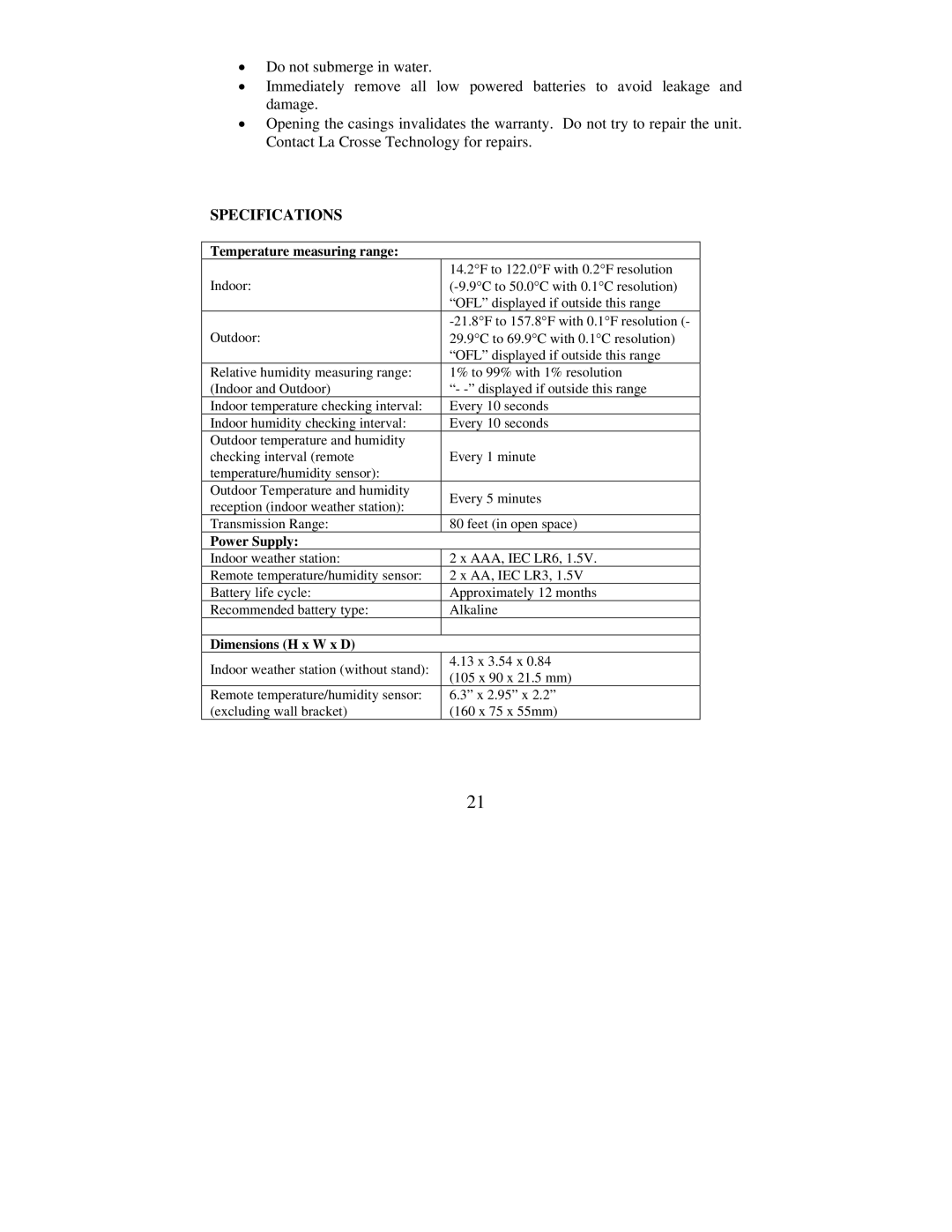 La Crosse Technology WS-7138U instruction manual Specifications, Temperature measuring range 