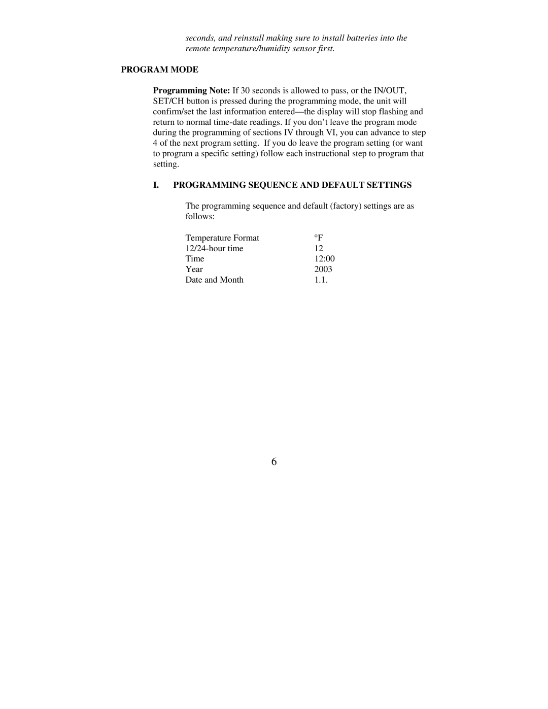 La Crosse Technology WS-7138U instruction manual Program Mode, Programming Sequence and Default Settings 