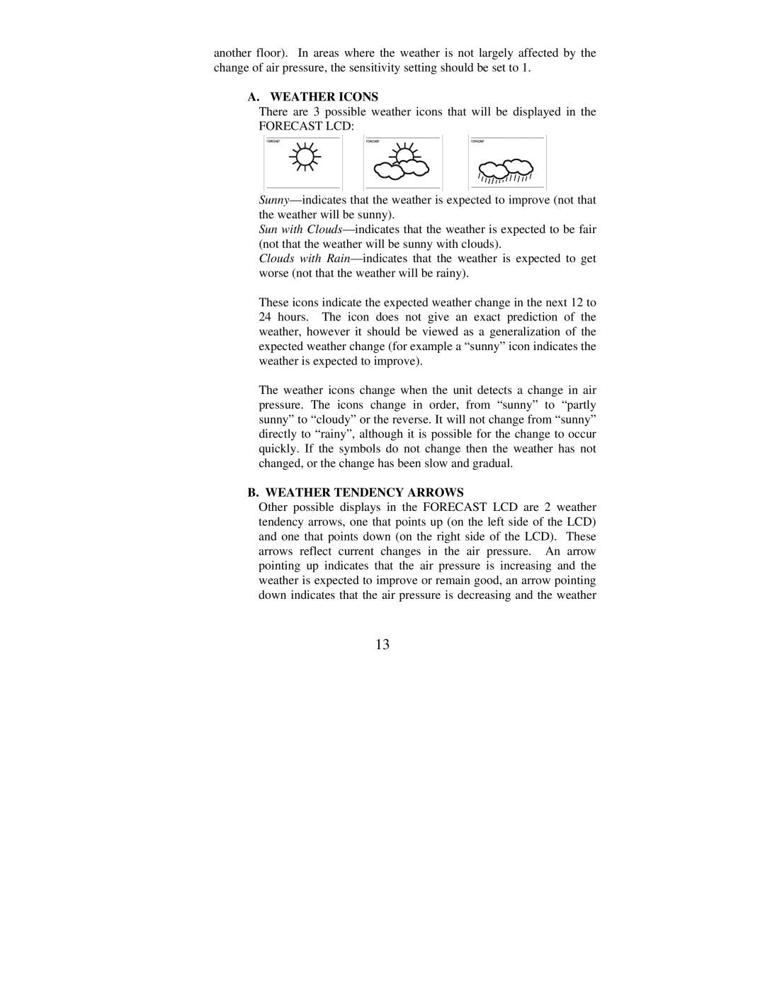 La Crosse Technology WS-7159U instruction manual Weather Icons, Forecast LCD, Weather Tendency Arrows 