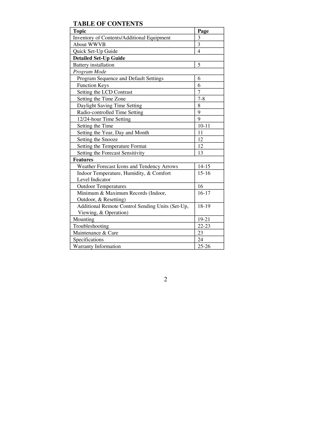 La Crosse Technology WS-7159U instruction manual Table of Contents 