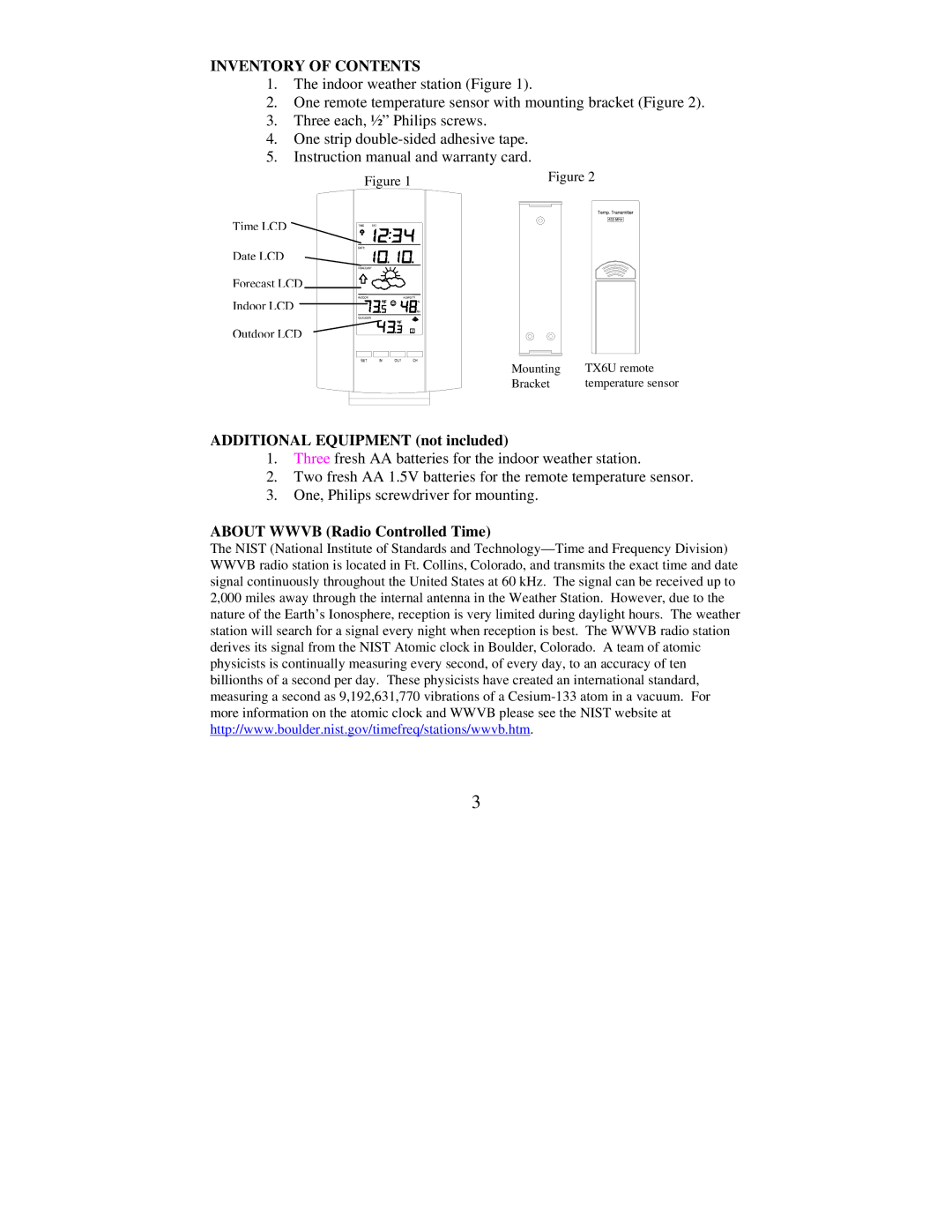 La Crosse Technology WS-7159U instruction manual Inventory of Contents 