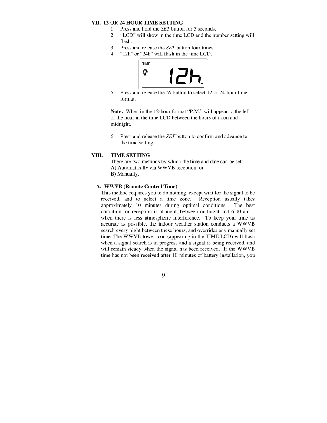 La Crosse Technology WS-7159U instruction manual VII or 24 Hour Time Setting, VIII. Time Setting, Wwvb Remote Control Time 