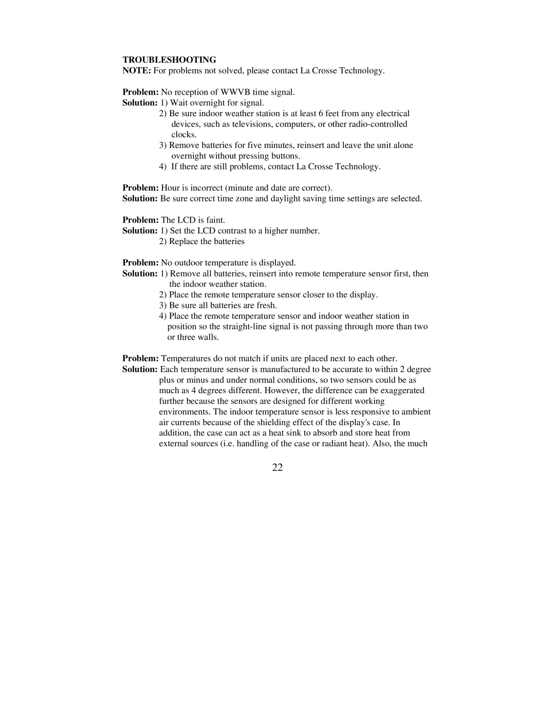 La Crosse Technology WS-7168U instruction manual Troubleshooting 