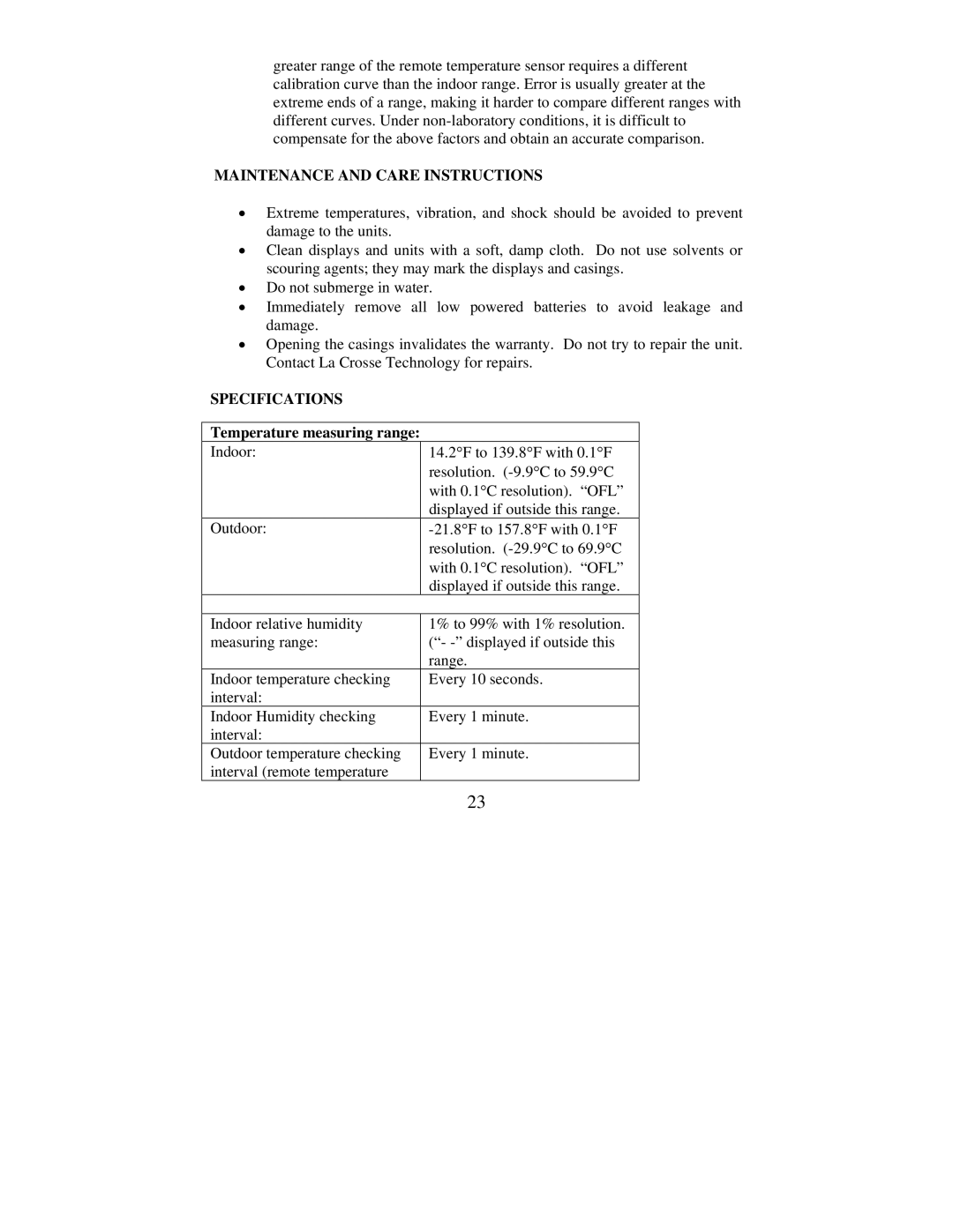 La Crosse Technology WS-7168U Maintenance and Care Instructions, Specifications, Temperature measuring range 