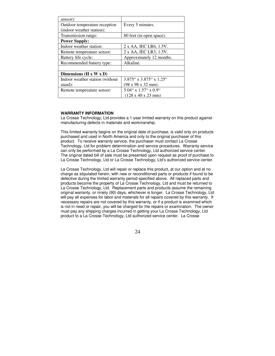 La Crosse Technology WS-7168U instruction manual Power Supply, Dimensions H x W x D 