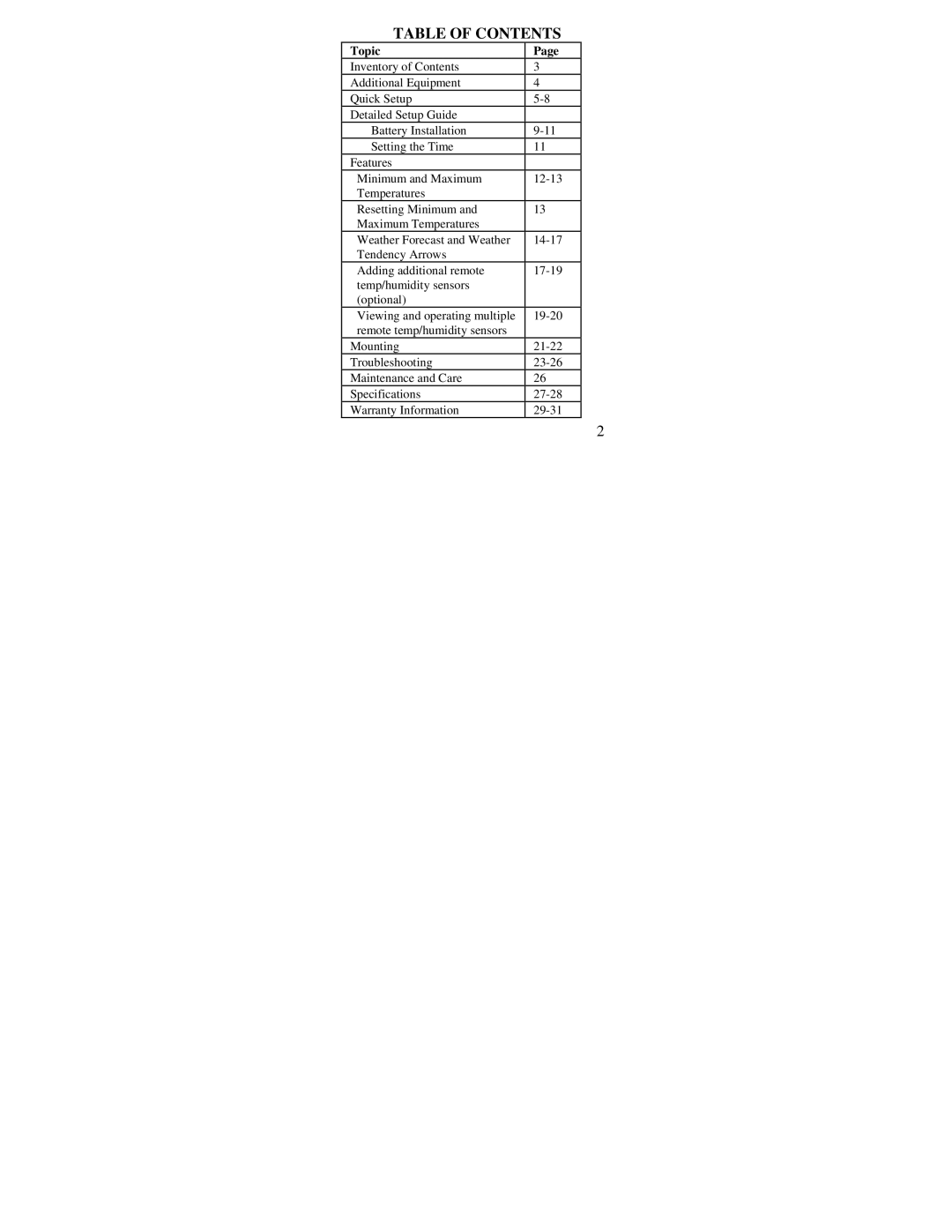 La Crosse Technology WS-7213U instruction manual Table of Contents 