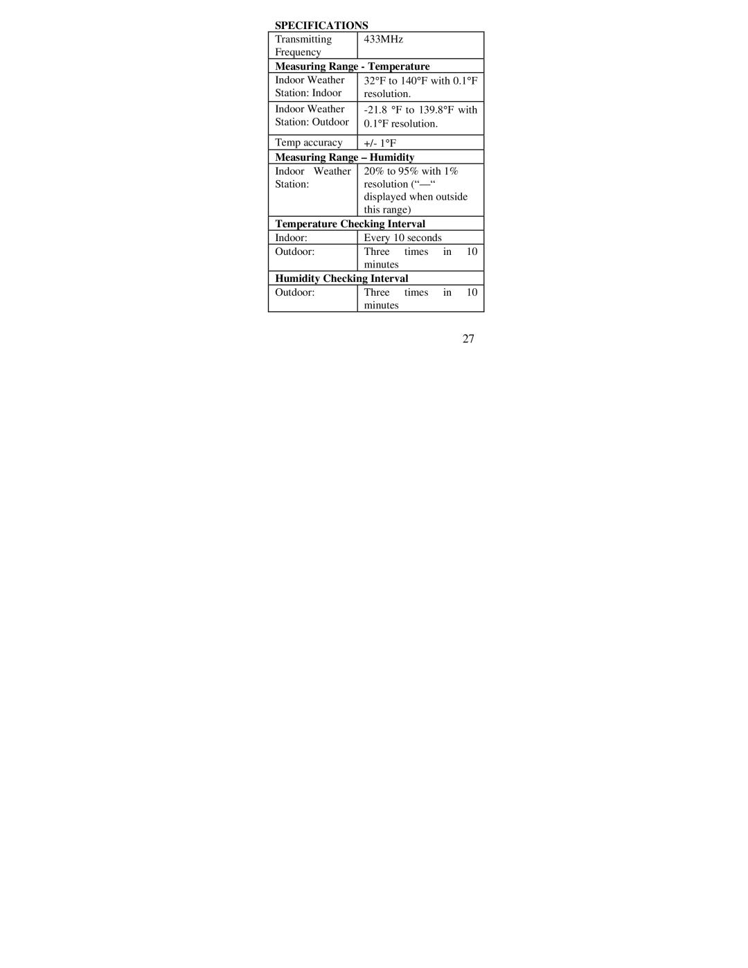 La Crosse Technology WS-7213U instruction manual Specifications, Measuring Range Temperature 