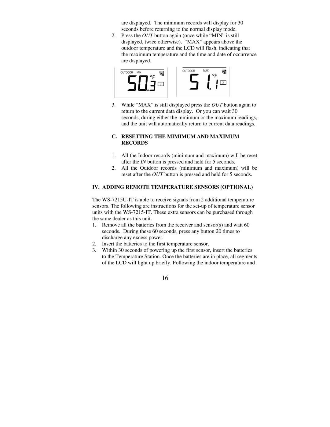 La Crosse Technology WS-7215U-IT Resetting the Mimimum and Maximum Records, IV. Adding Remote Temperature Sensors Optional 