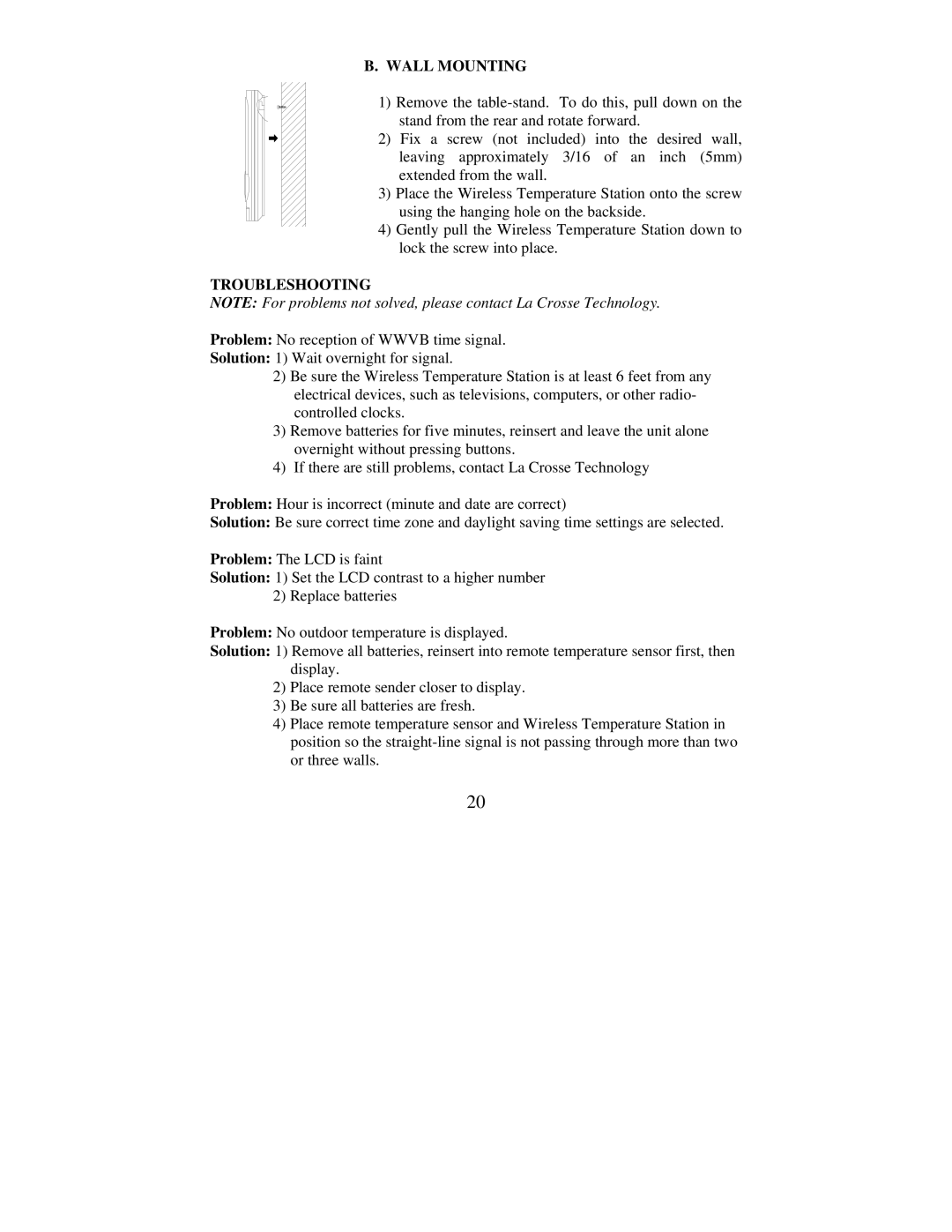 La Crosse Technology WS-7215U-IT instruction manual Wall Mounting, Troubleshooting 