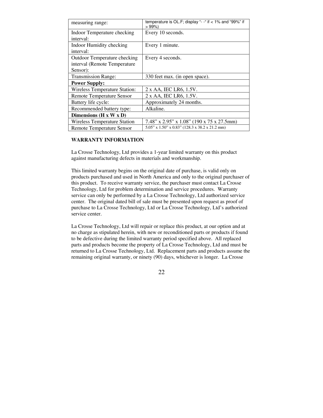 La Crosse Technology WS-7215U-IT instruction manual Power Supply, Dimensions H x W x D, Warranty Information 