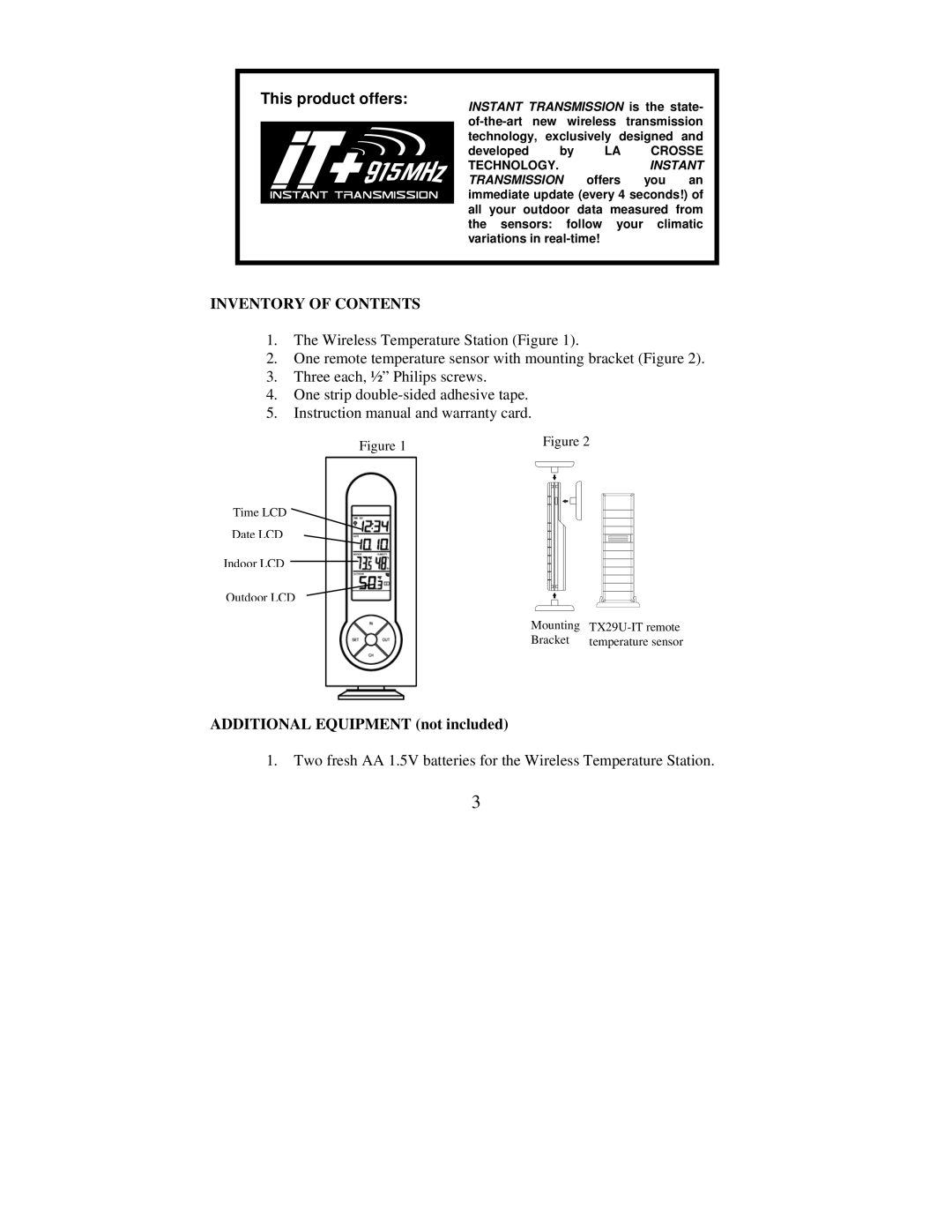 La Crosse Technology WS-7215U-IT instruction manual This product offers, Inventory of Contents 