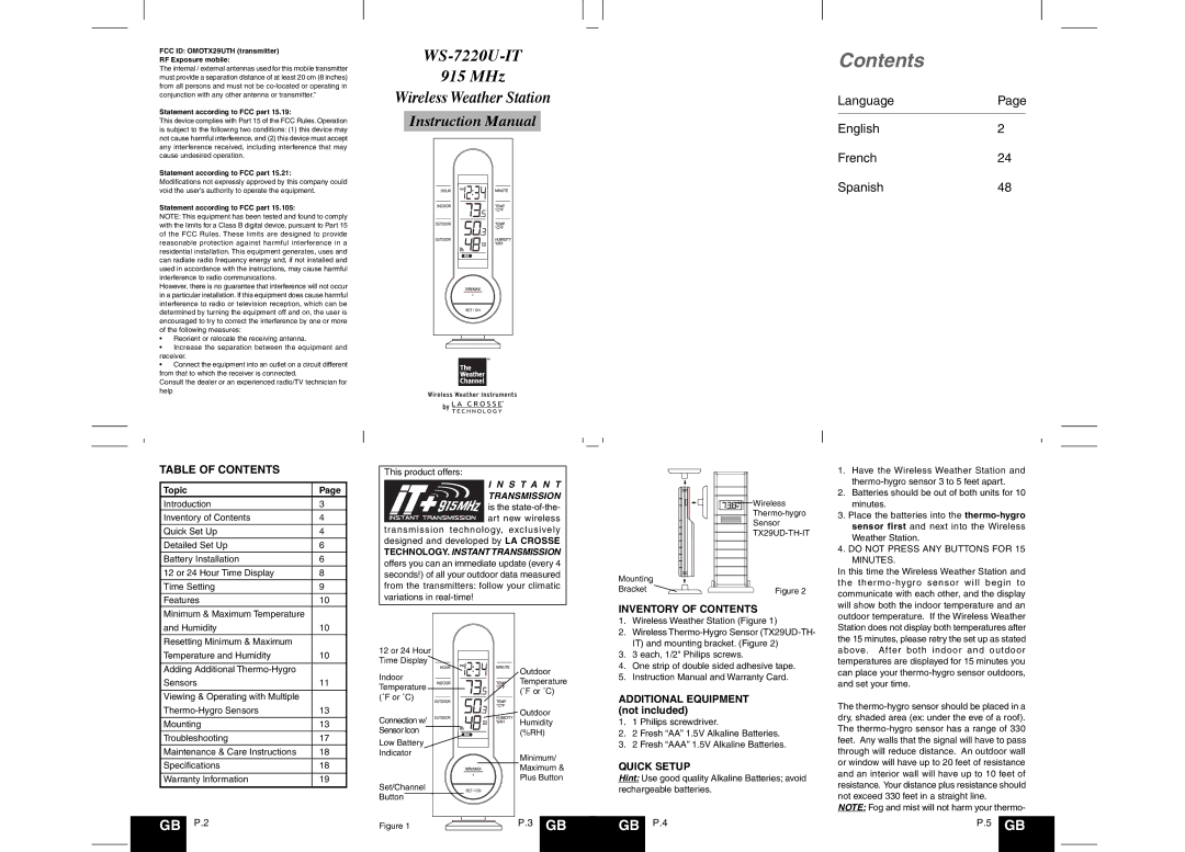 La Crosse Technology WS-7220U-IT instruction manual Contents 