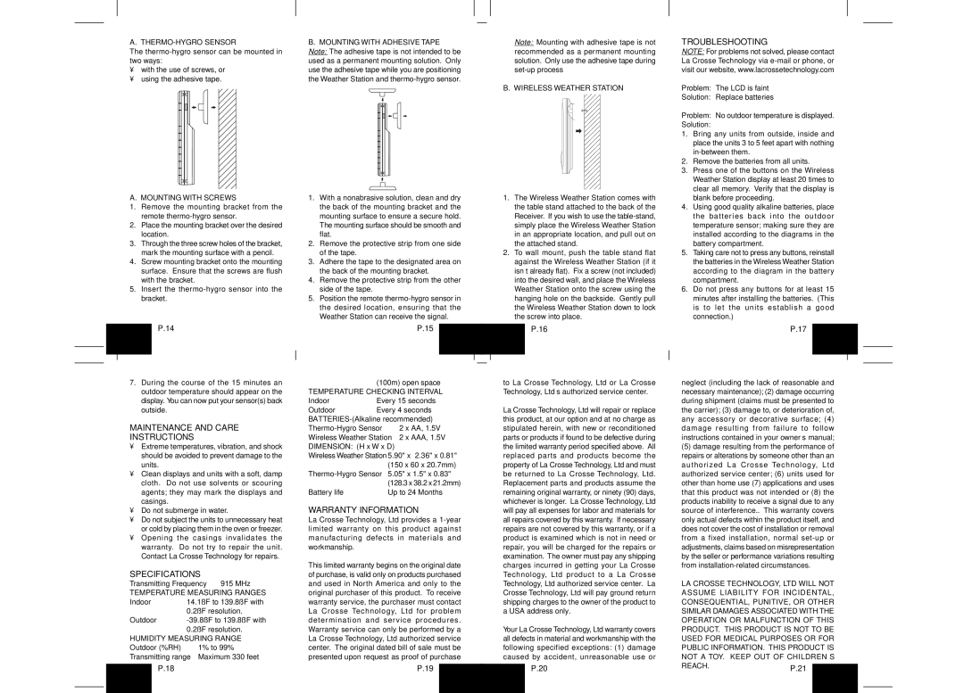 La Crosse Technology WS-7220U-IT Maintenance and Care Instructions, Specifications, Warranty Information, Troubleshooting 