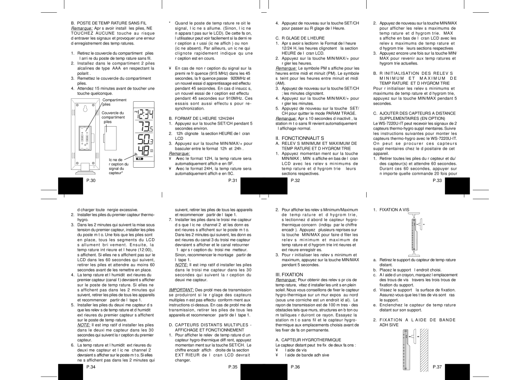 La Crosse Technology WS-7220U-IT instruction manual II. Fonctionnalités, III. Fixation, Remarque 