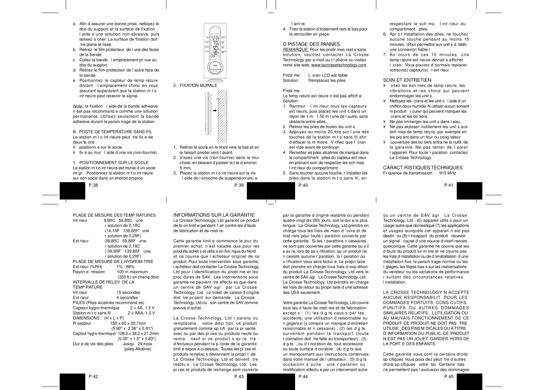 La Crosse Technology WS-7220U-IT instruction manual Informations SUR LA Garantie, Dépistage DES Pannes, Soin ET Entretien 