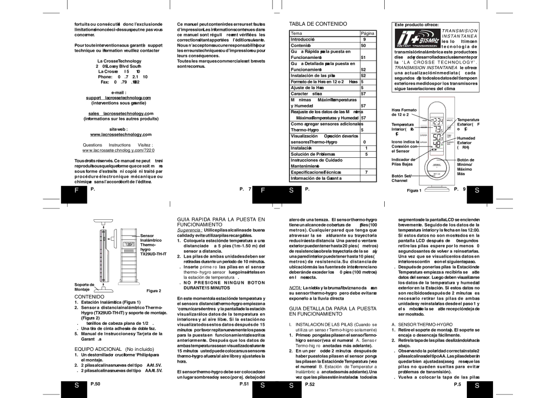 La Crosse Technology WS-7220U-IT Tabla DE Contenido, Guia Rapida Para LA Puesta EN Funcionamiento, Sensor THERMO-HYGRO 