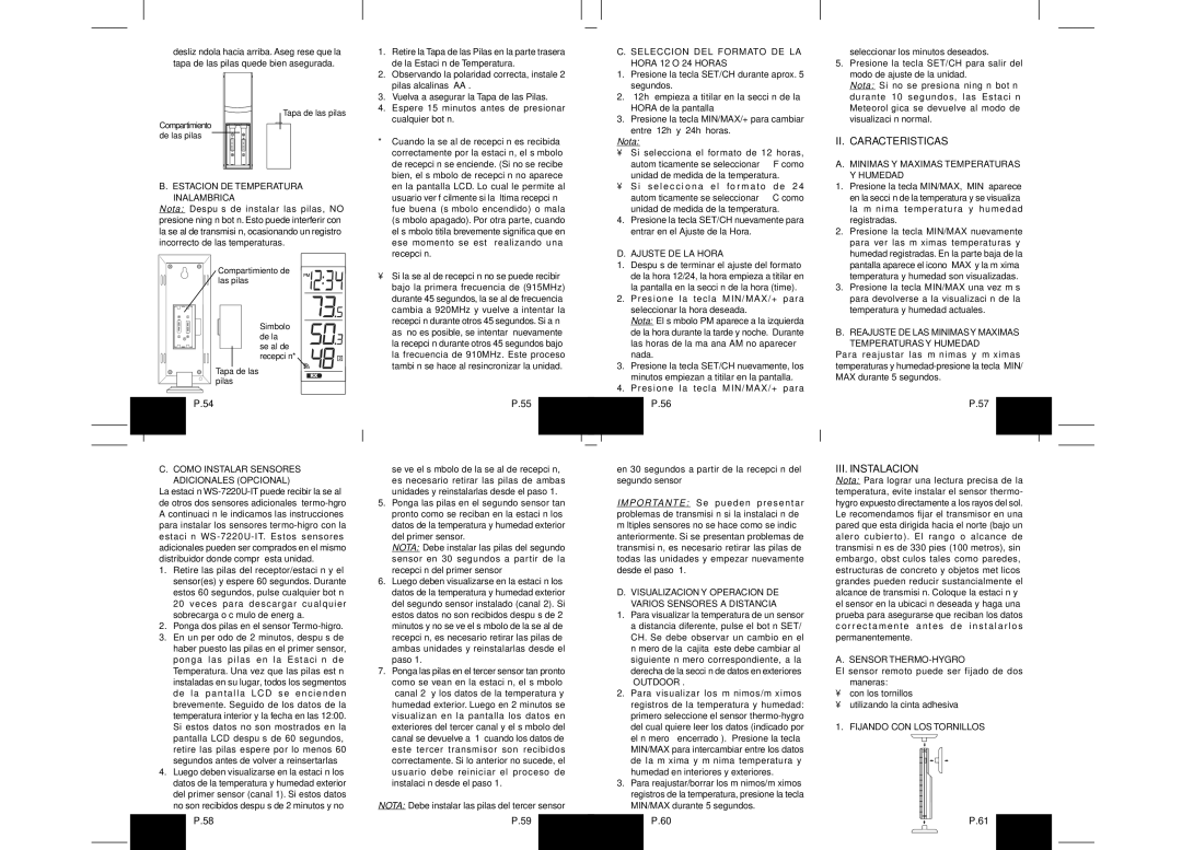 La Crosse Technology WS-7220U-IT instruction manual II. Caracteristicas, III. Instalacion, Nota 