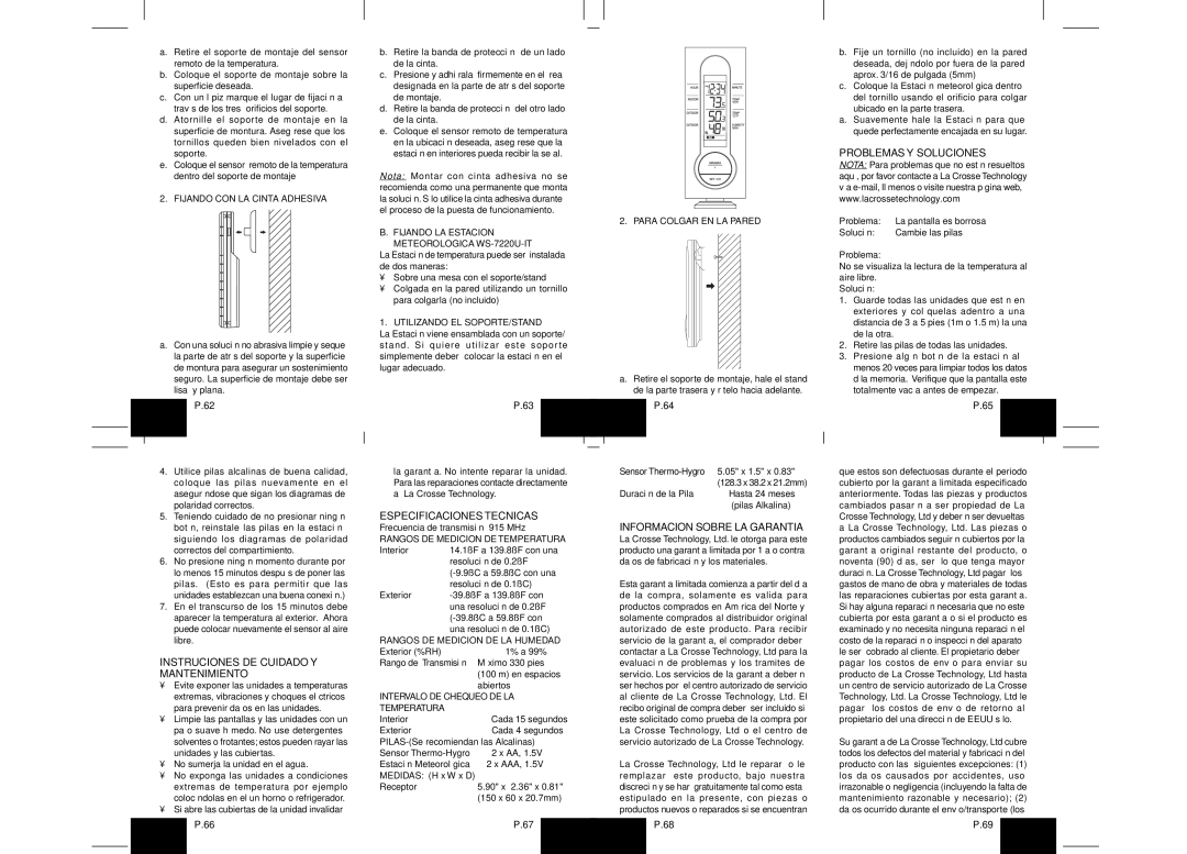 La Crosse Technology WS-7220U-IT instruction manual Instruciones DE Cuidado Y Mantenimiento, Especificaciones Tecnicas 