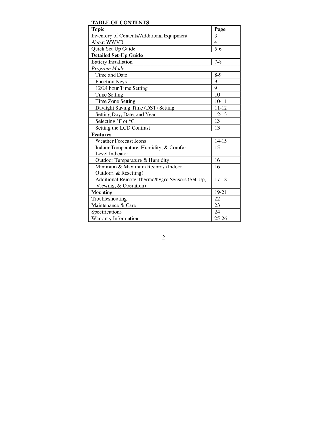 La Crosse Technology WS-7391U instruction manual Table of Contents 