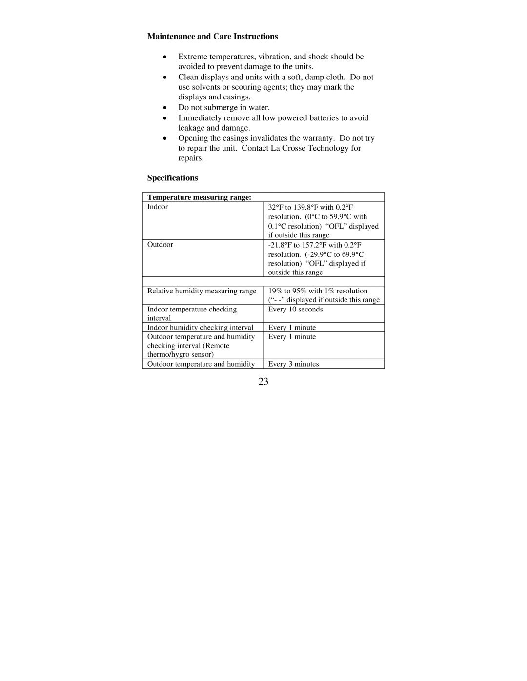 La Crosse Technology WS-7391U instruction manual Maintenance and Care Instructions, Specifications 