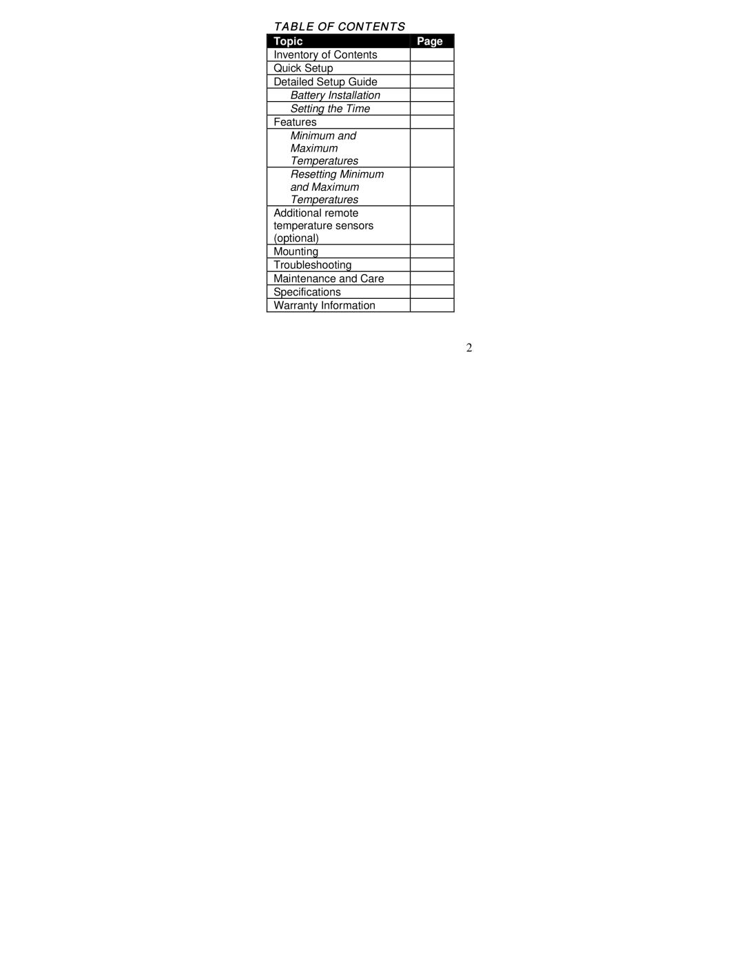 La Crosse Technology WS-7394U-IT instruction manual Table of Contents 