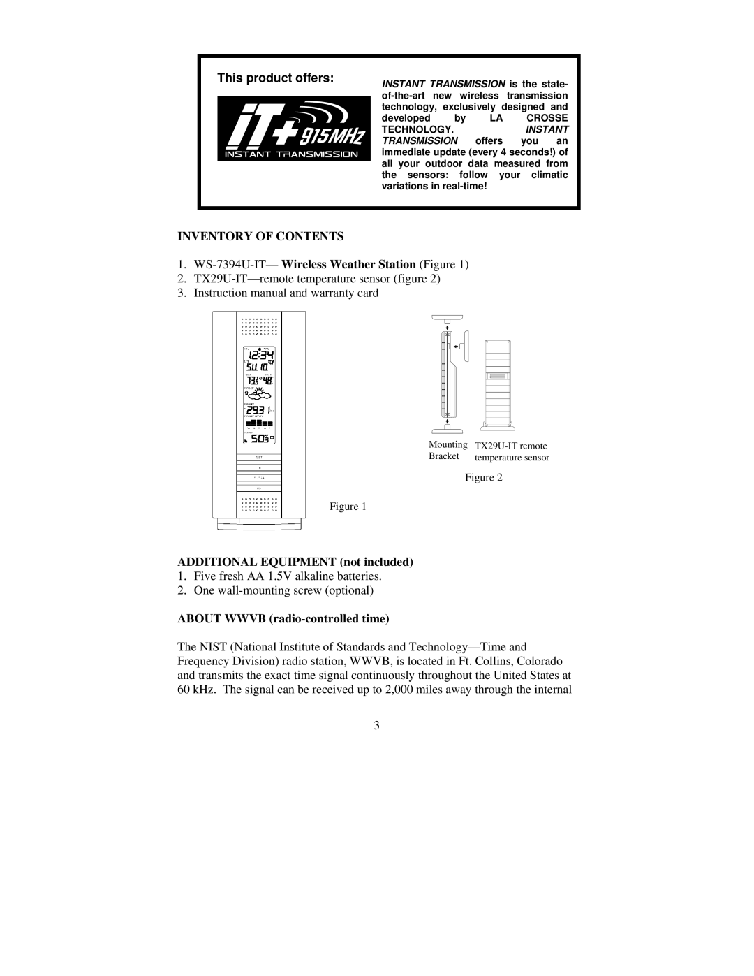 La Crosse Technology WS-7394U-IT instruction manual This product offers, Inventory of Contents 