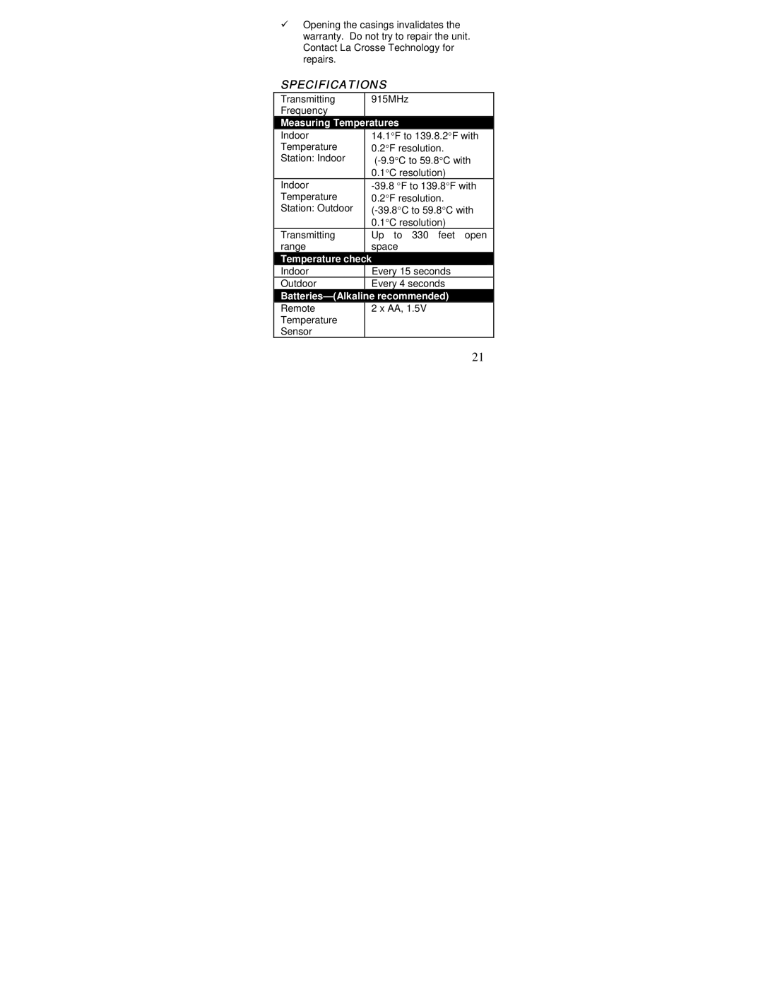 La Crosse Technology WS-7394U-IT instruction manual Specifications, Measuring Temperatures 