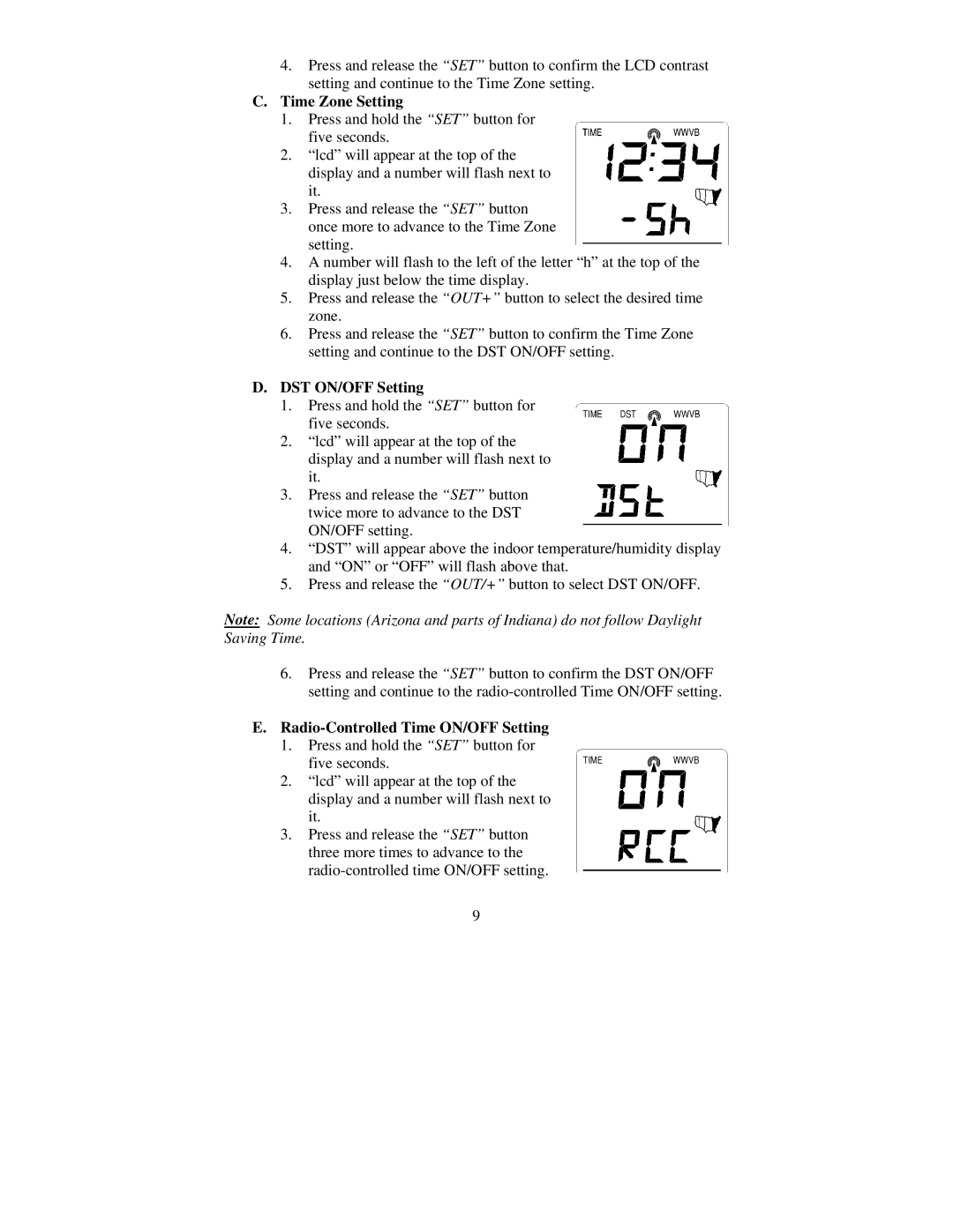 La Crosse Technology WS-7394U-IT Time Zone Setting, DST ON/OFF Setting, Radio-Controlled Time ON/OFF Setting 