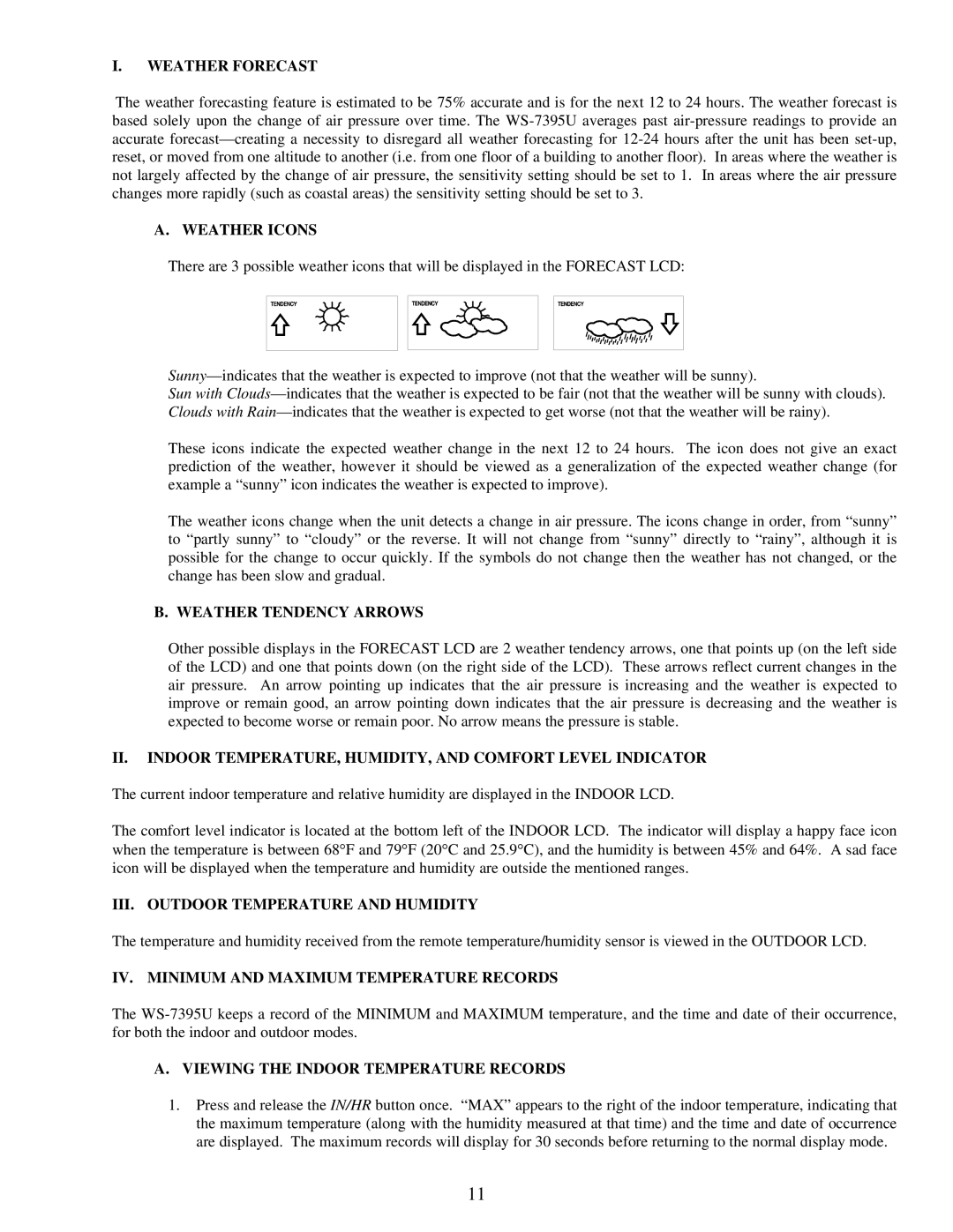 La Crosse Technology WS-7395U instruction manual Weather Forecast, Weather Icons, Weather Tendency Arrows 