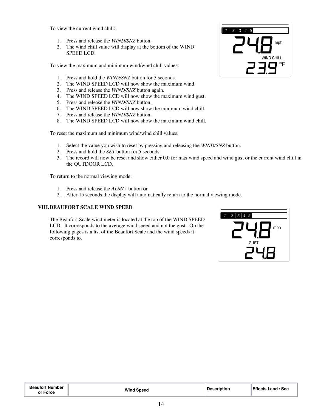 La Crosse Technology WS-7395U instruction manual VIII.BEAUFORT Scale Wind Speed 