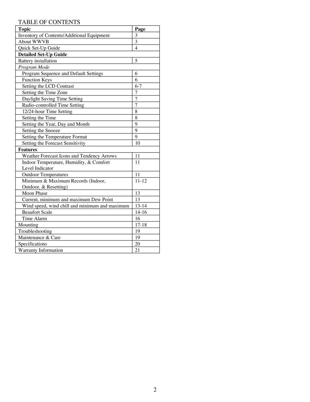 La Crosse Technology WS-7395U instruction manual Table of Contents 