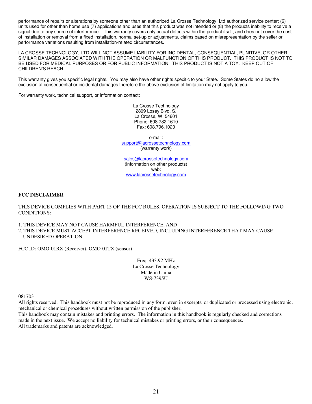 La Crosse Technology WS-7395U instruction manual FCC Disclaimer 