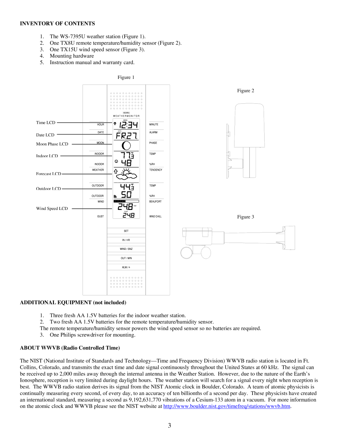 La Crosse Technology WS-7395U instruction manual Inventory of Contents 