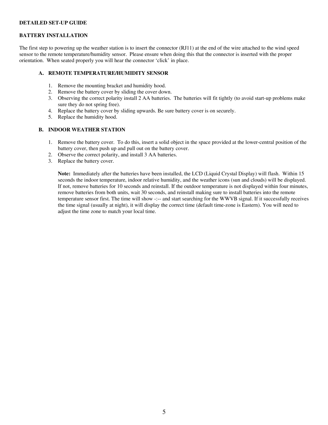La Crosse Technology WS-7395U Detailed SET-UP Guide Battery Installation, Remote TEMPERATURE/HUMIDITY Sensor 